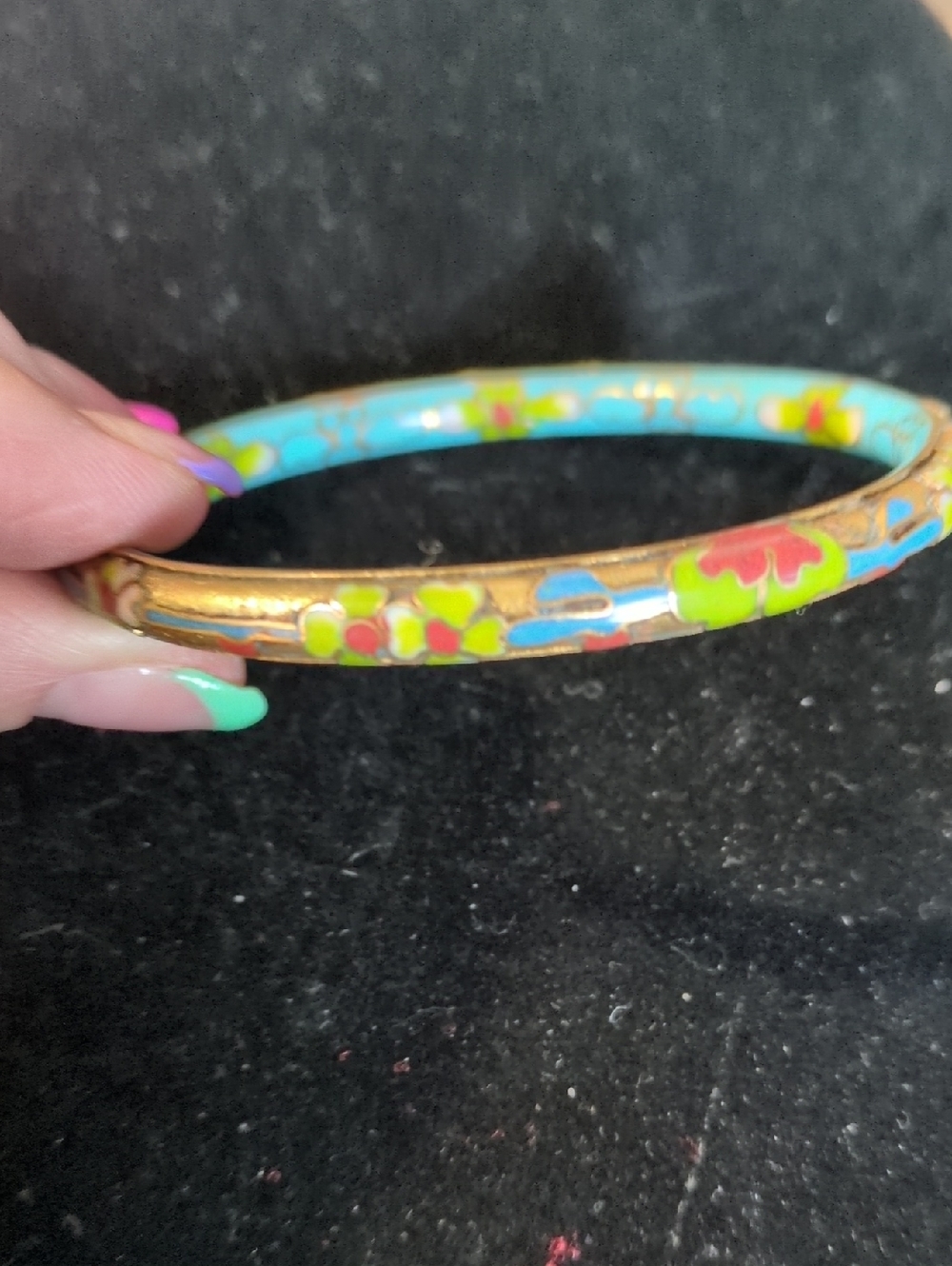 Vintage Gold And Blue Floral "Double" Cloisonné  Bangle "Rare"